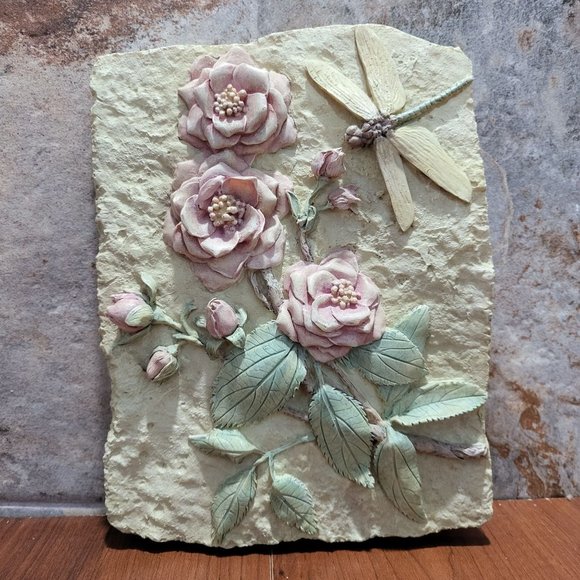Botanical Clay Flower Dragonfly Art Wall Sculpture Plaster Cream Tile - Picture 5 of 14
